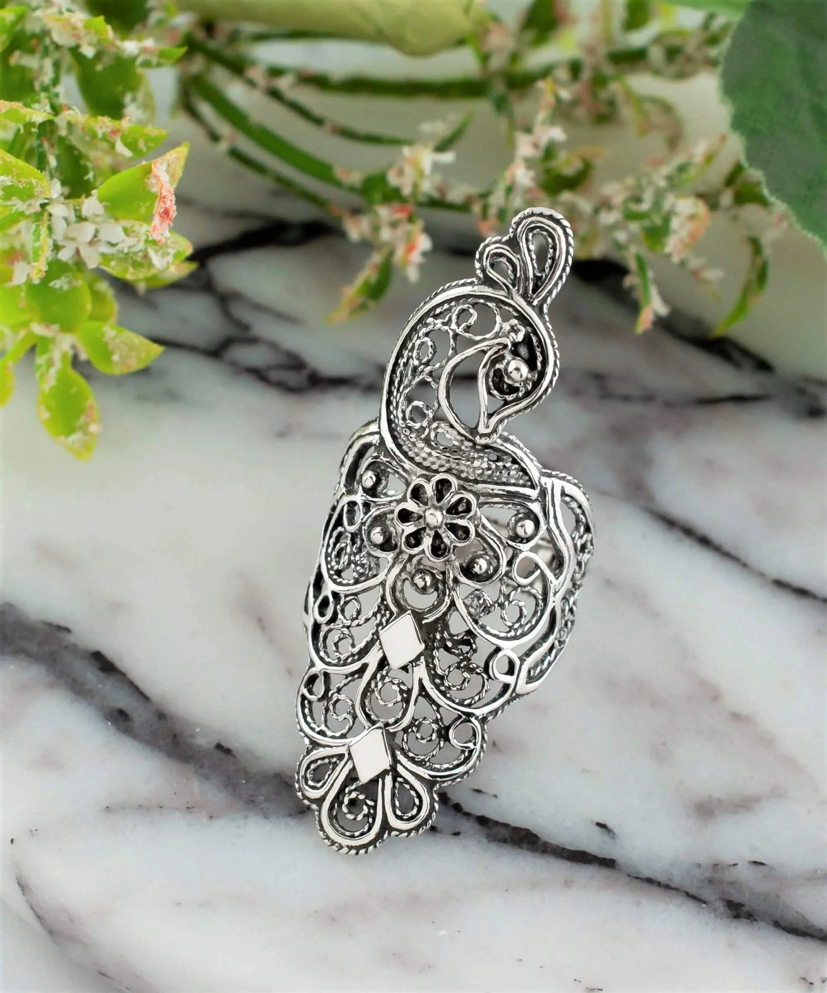 Filigree Art Peacock Design Women Silver Statement Ring - Drakoi Marketplace