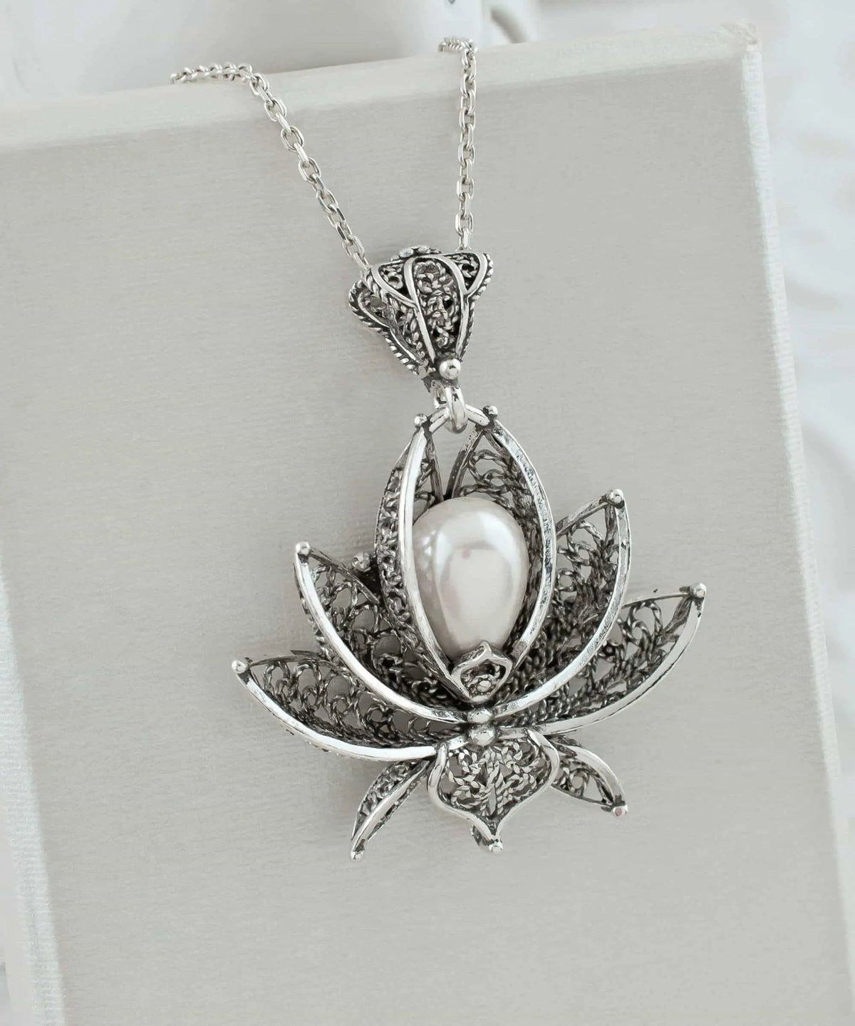 Filigree Art Pearl Gemstone 3D Lotus Flower Women Silver Pendant Necklace - Drakoi Marketplace