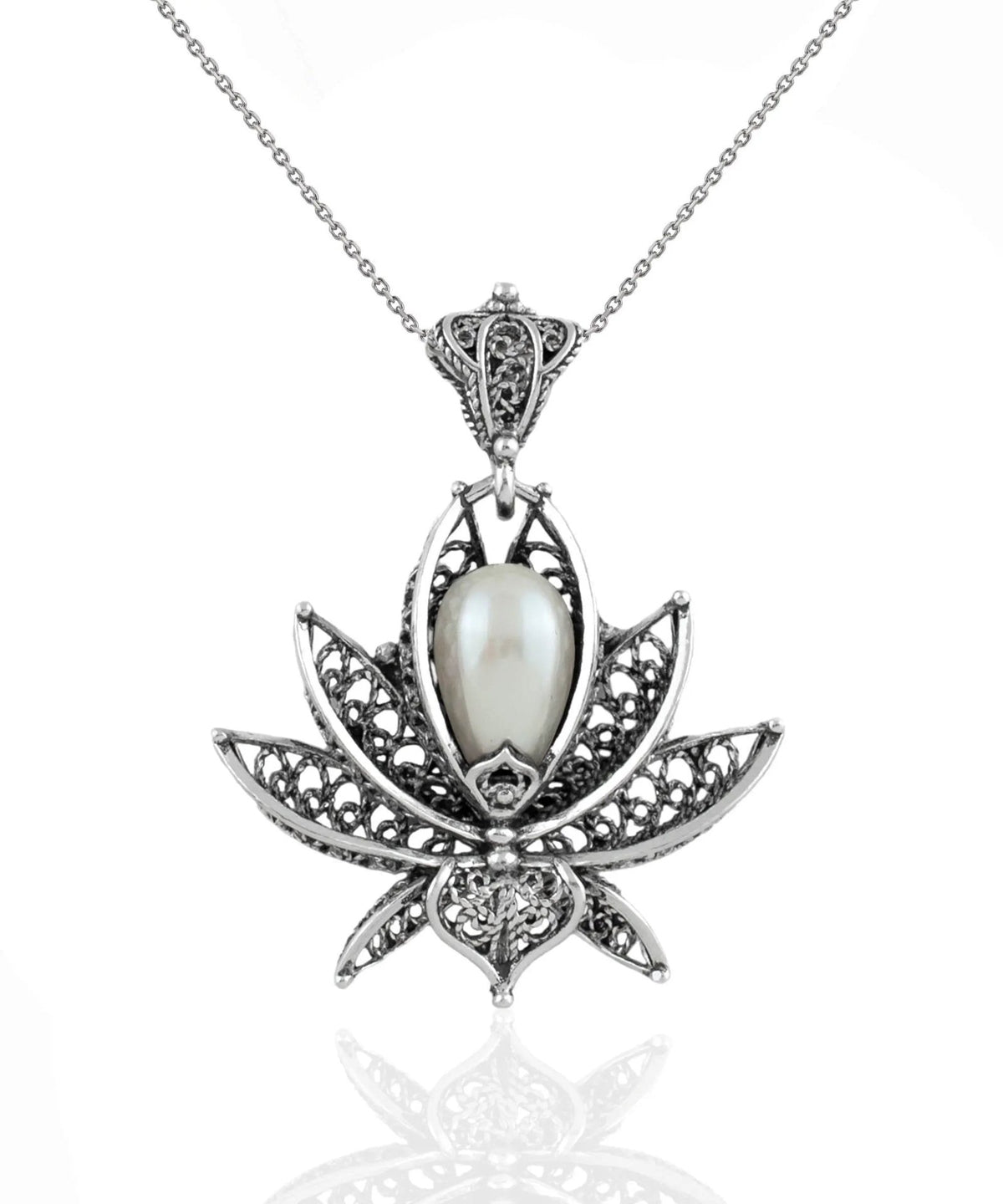 Filigree Art Pearl Gemstone 3D Lotus Flower Women Silver Pendant Necklace - Drakoi Marketplace