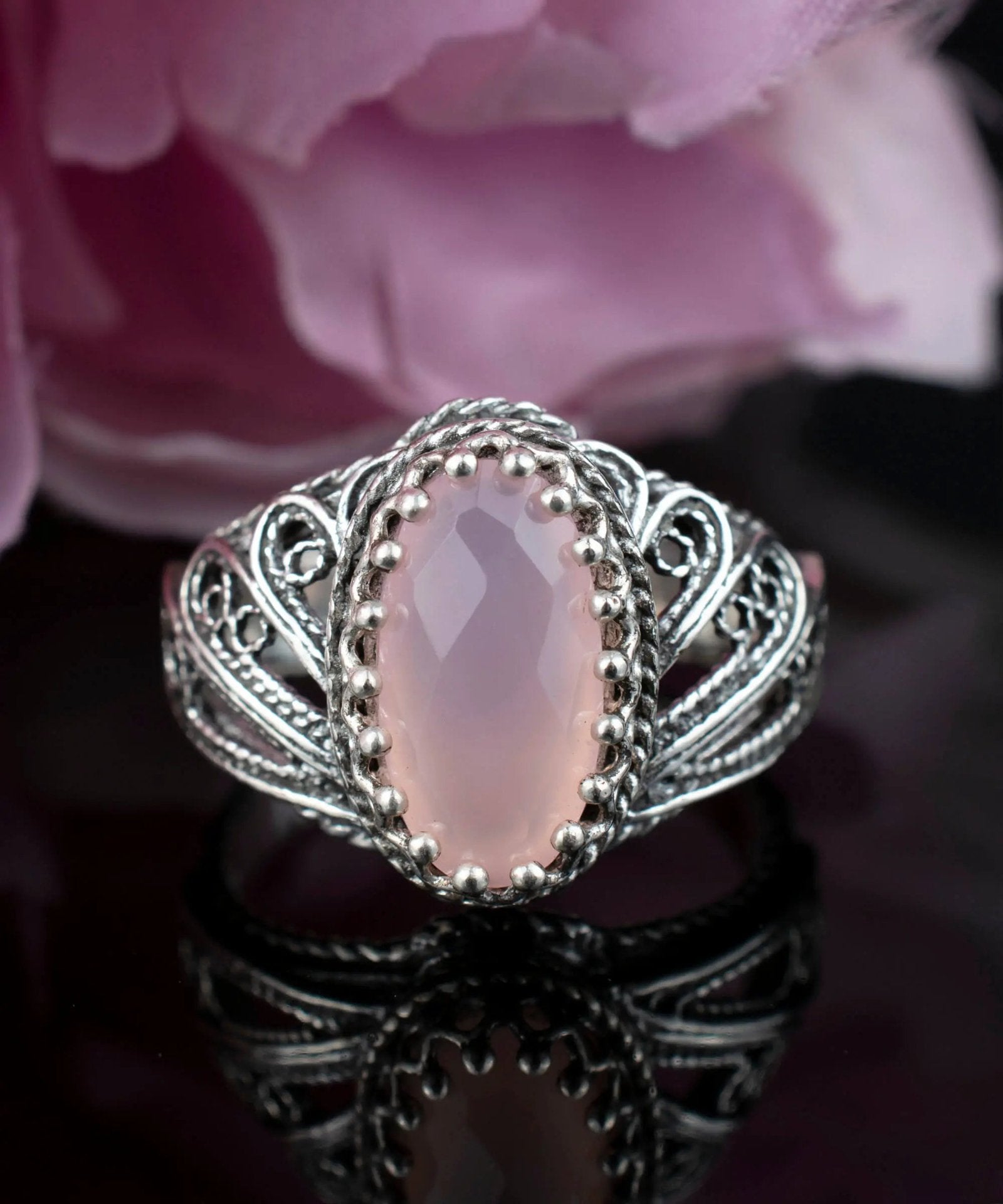 Filigree Art Pink Chalcedony Gemstone Angel Design Women Silver Cocktail Ring - Drakoi Marketplace