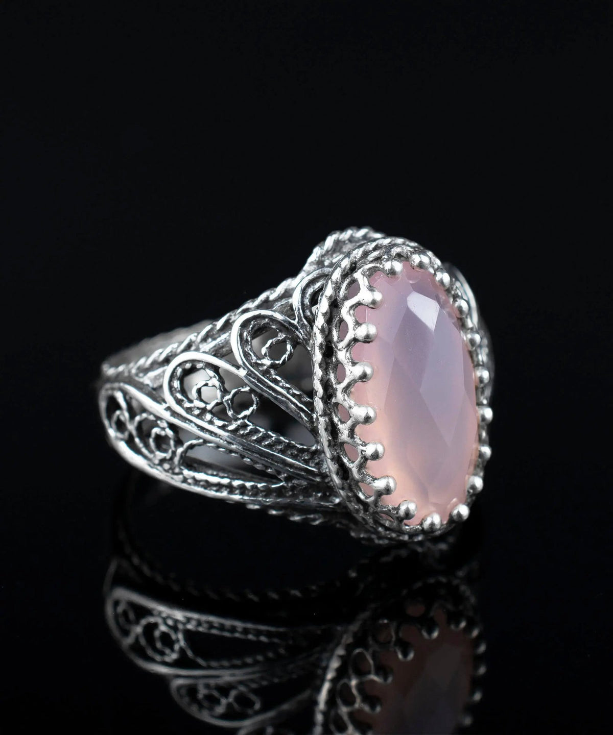 Filigree Art Pink Chalcedony Gemstone Angel Design Women Silver Cocktail Ring - Drakoi Marketplace