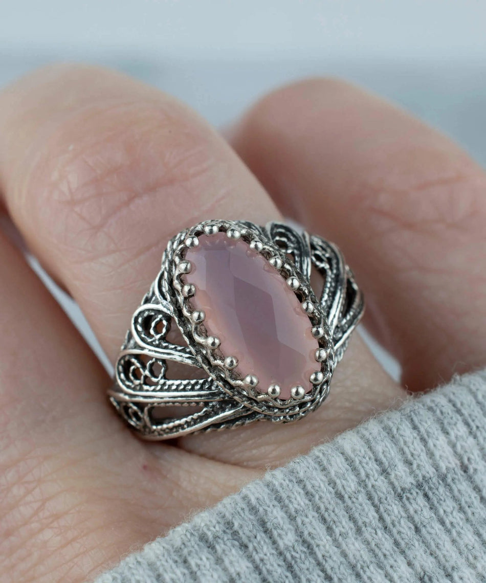 Filigree Art Pink Chalcedony Gemstone Angel Design Women Silver Cocktail Ring - Drakoi Marketplace