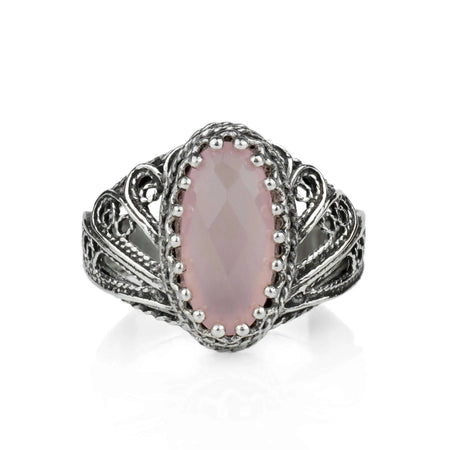 Filigree Art Pink Chalcedony Gemstone Angel Design Women Silver Cocktail Ring - Drakoi Marketplace