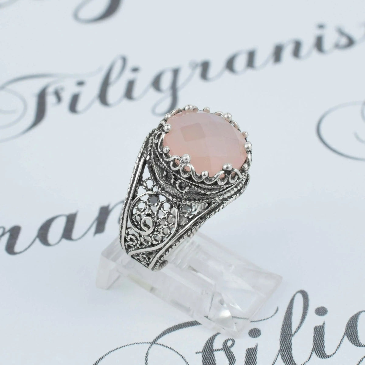 Filigree Art Pink Chalcedony Gemstone Crown Design Women Silver Cocktail Ring - Drakoi Marketplace