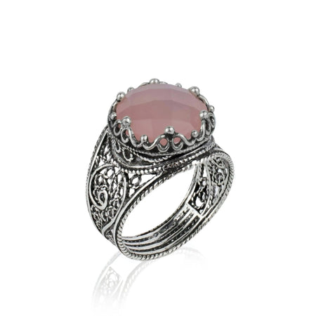 Filigree Art Pink Chalcedony Gemstone Crown Design Women Silver Cocktail Ring - Drakoi Marketplace