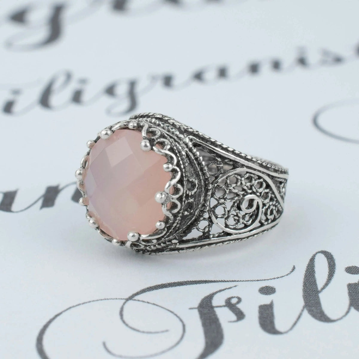 Filigree Art Pink Chalcedony Gemstone Crown Design Women Silver Cocktail Ring - Drakoi Marketplace