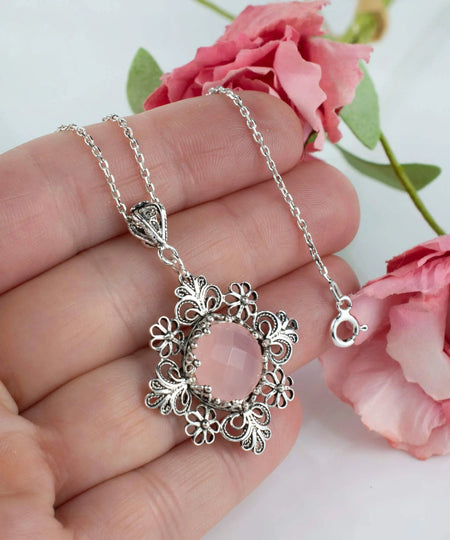 Filigree Art Pink Chalcedony Gemstone Daisy Design Women Silver Pendant Necklace - Drakoi Marketplace