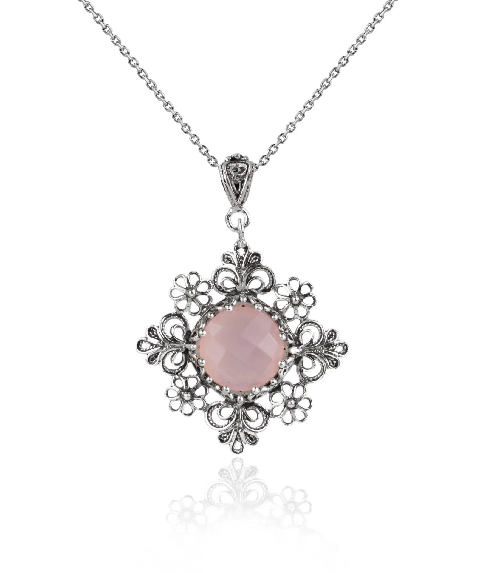 Filigree Art Pink Chalcedony Gemstone Daisy Design Women Silver Pendant Necklace - Drakoi Marketplace