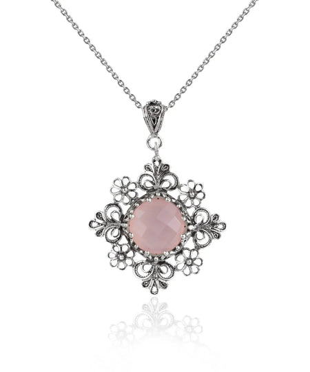 Filigree Art Pink Chalcedony Gemstone Daisy Design Women Silver Pendant Necklace - Drakoi Marketplace