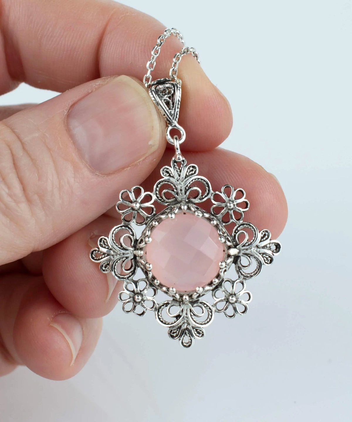 Filigree Art Pink Chalcedony Gemstone Daisy Design Women Silver Pendant Necklace - Drakoi Marketplace