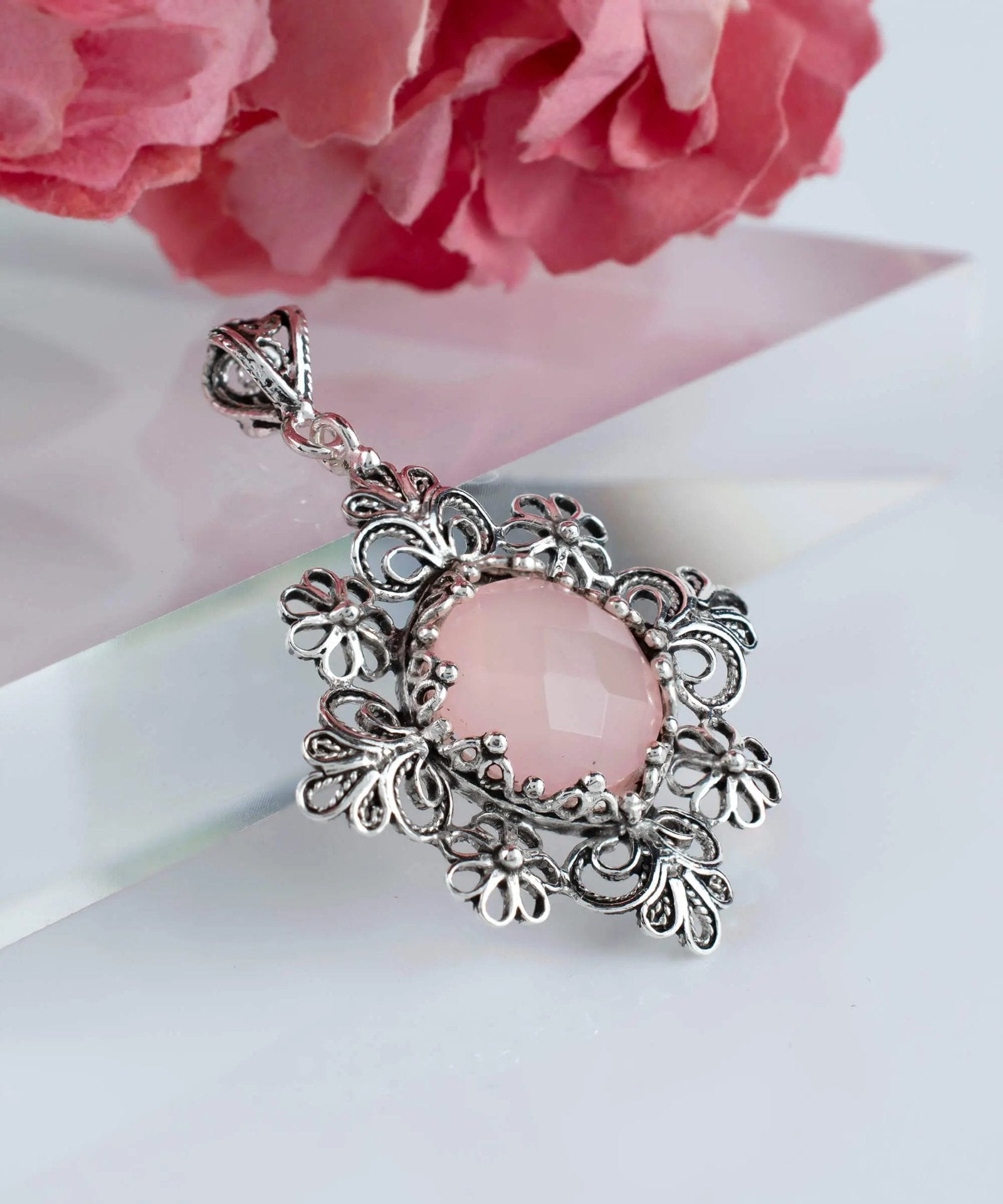 Filigree Art Pink Chalcedony Gemstone Daisy Design Women Silver Pendant Necklace - Drakoi Marketplace