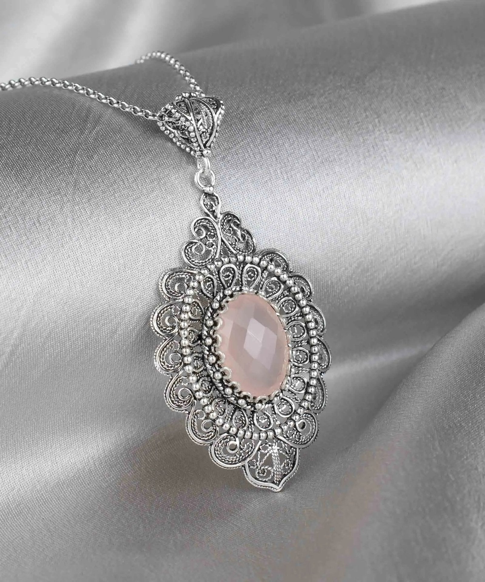 Filigree Art Pink Chalcedony Gemstone Floral Figured Women Silver Oval Pendant Necklace - Drakoi Marketplace