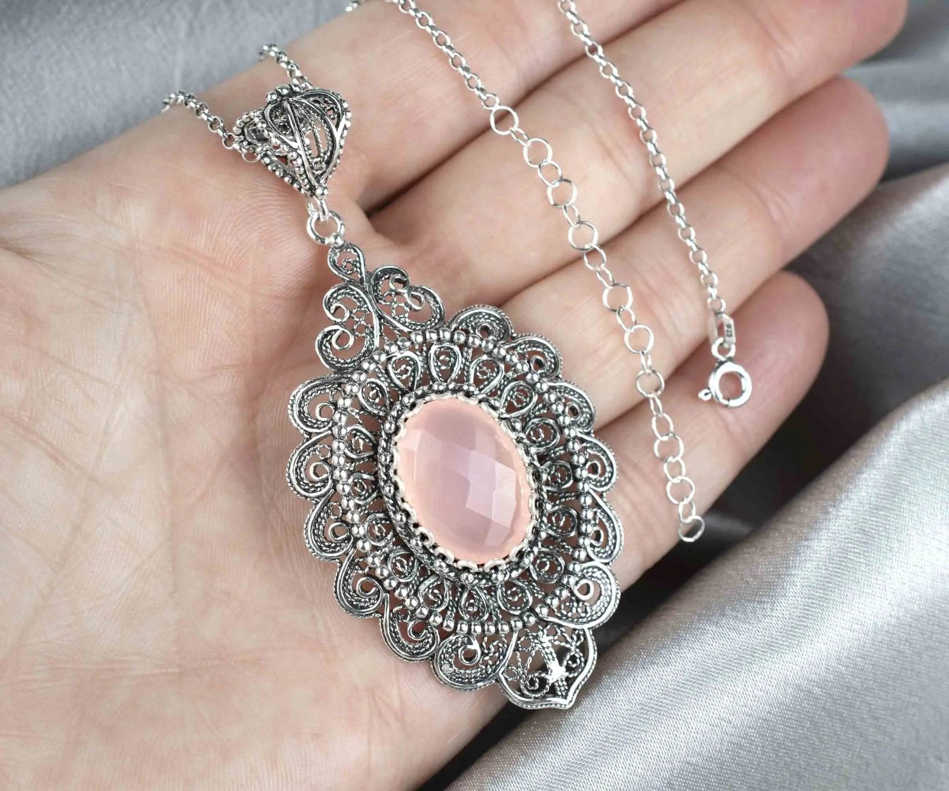 Filigree Art Pink Chalcedony Gemstone Floral Figured Women Silver Oval Pendant Necklace - Drakoi Marketplace