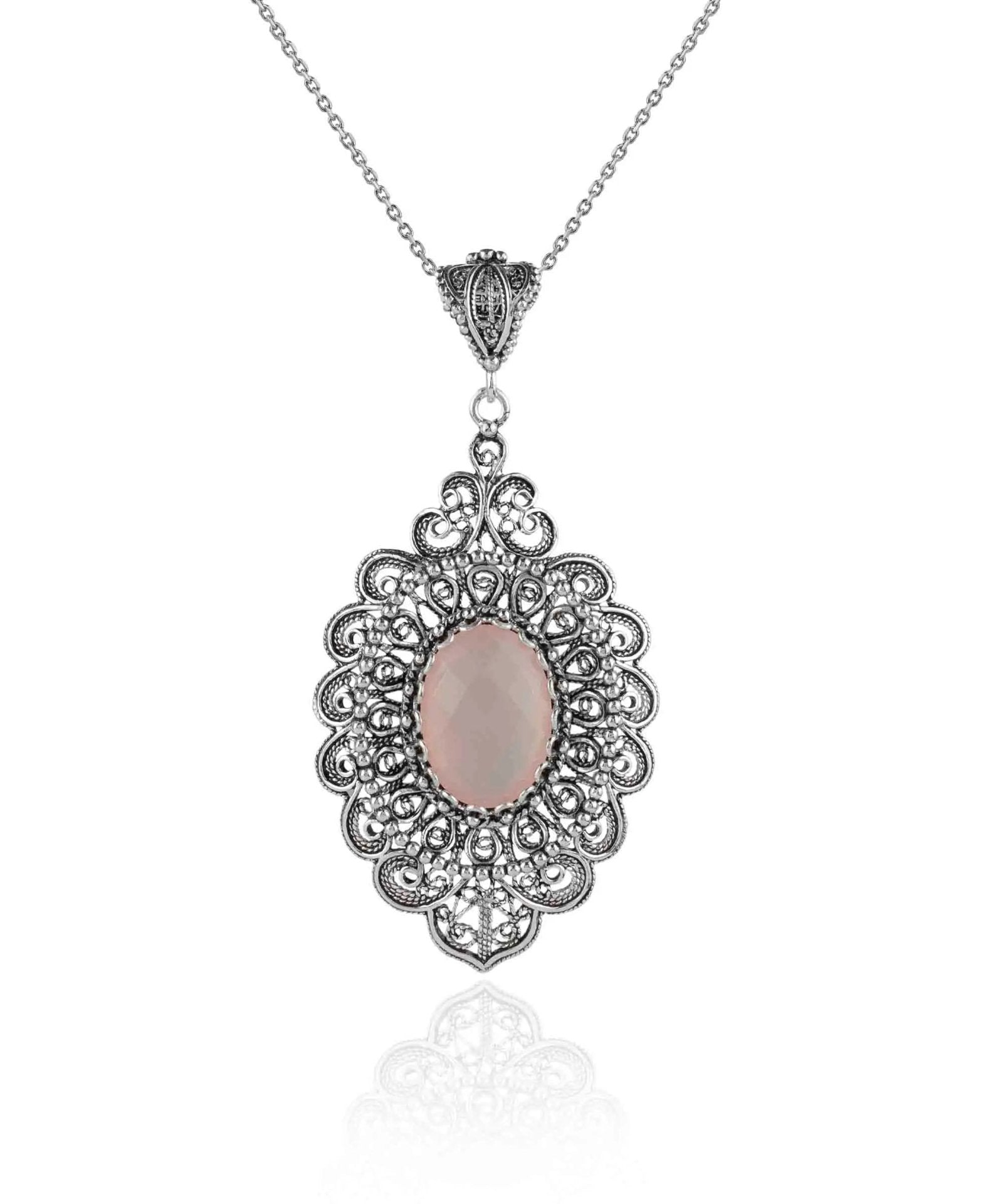 Filigree Art Pink Chalcedony Gemstone Floral Figured Women Silver Oval Pendant Necklace - Drakoi Marketplace