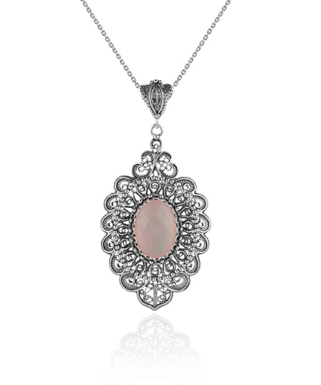 Filigree Art Pink Chalcedony Gemstone Floral Figured Women Silver Oval Pendant Necklace - Drakoi Marketplace