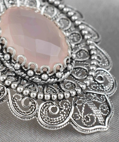 Filigree Art Pink Chalcedony Gemstone Floral Figured Women Silver Oval Pendant Necklace - Drakoi Marketplace