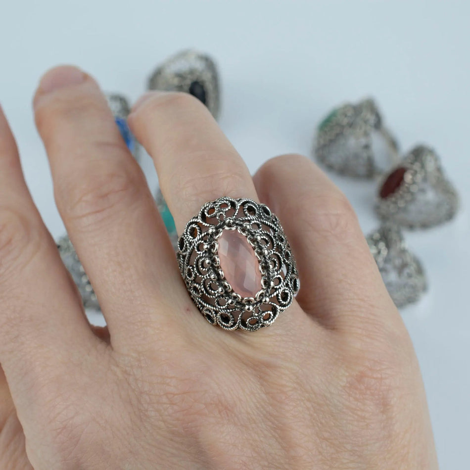 Filigree Art Pink Chalcedony Gemstone Lace Detailed Women Silver Statement Ring - Drakoi Marketplace