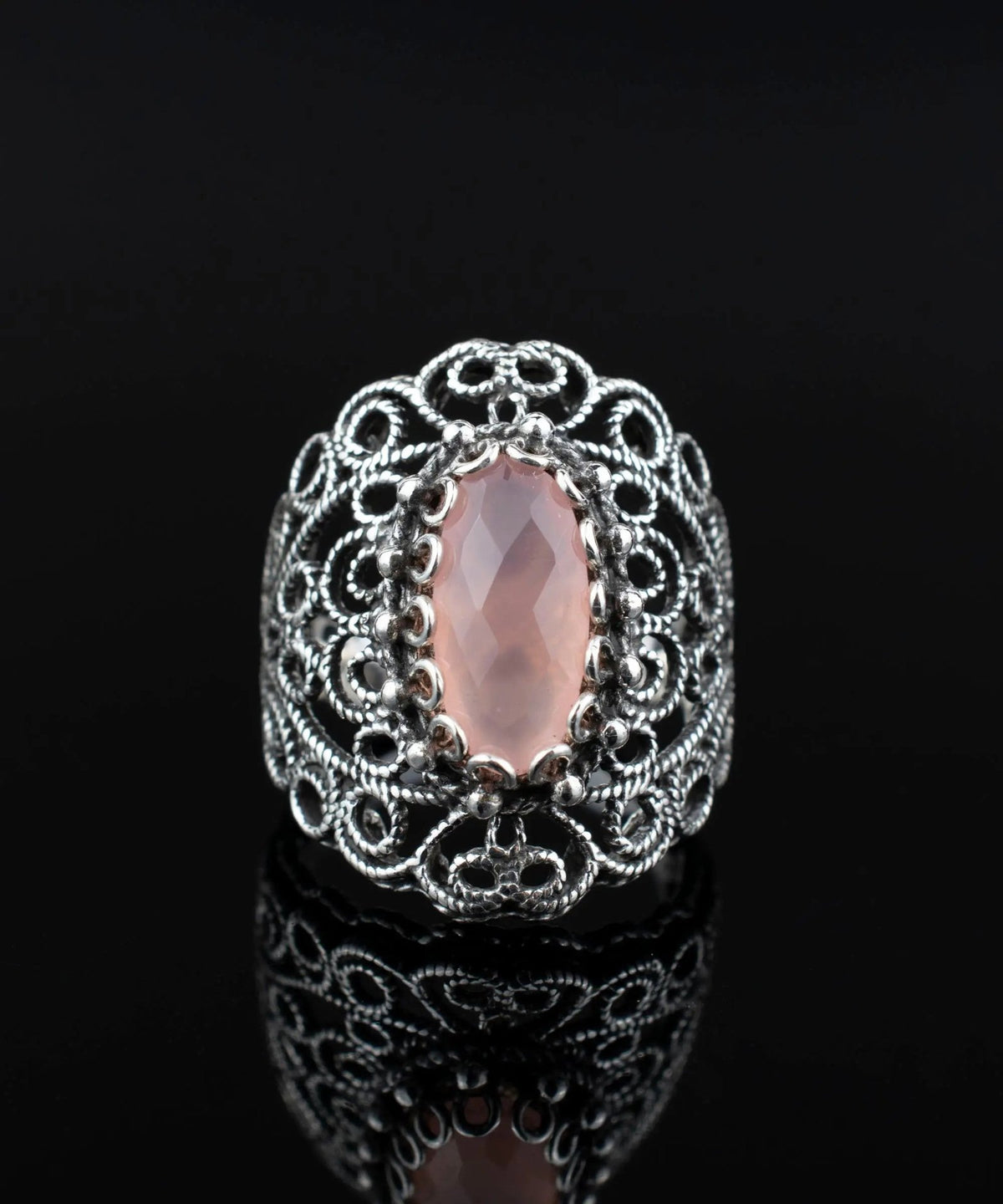 Filigree Art Pink Chalcedony Gemstone Lace Detailed Women Silver Statement Ring - Drakoi Marketplace