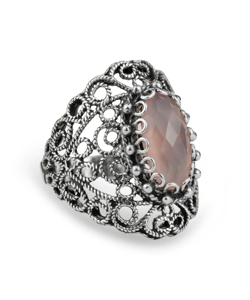 Filigree Art Pink Chalcedony Gemstone Lace Detailed Women Silver Statement Ring - Drakoi Marketplace