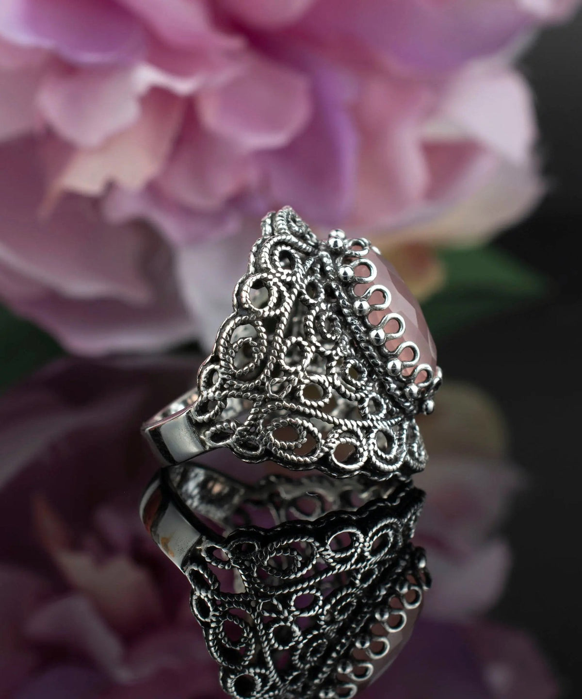 Filigree Art Pink Chalcedony Gemstone Lace Detailed Women Silver Statement Ring - Drakoi Marketplace