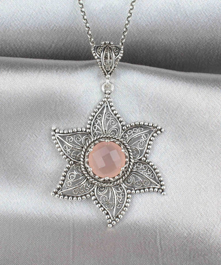 Filigree Art Pink Chalcedony Gemstone Star Design Women Silver Pendant Necklace - Drakoi Marketplace