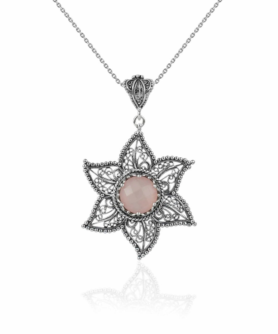 Filigree Art Pink Chalcedony Gemstone Star Design Women Silver Pendant Necklace - Drakoi Marketplace