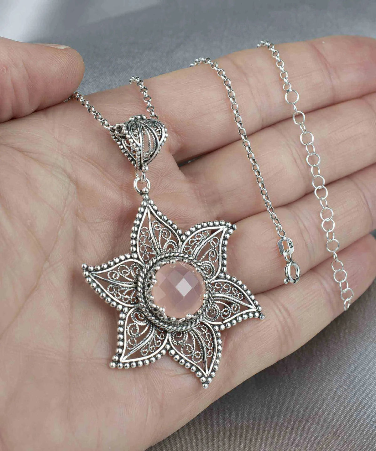 Filigree Art Pink Chalcedony Gemstone Star Design Women Silver Pendant Necklace - Drakoi Marketplace