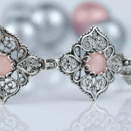 Filigree Art Pink Chalcedony Gemstone Women Adjustable Silver Link Bracelet - Drakoi Marketplace