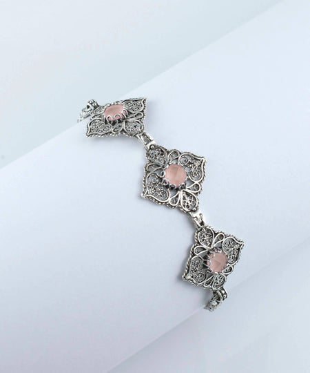 Filigree Art Pink Chalcedony Gemstone Women Adjustable Silver Link Bracelet - Drakoi Marketplace