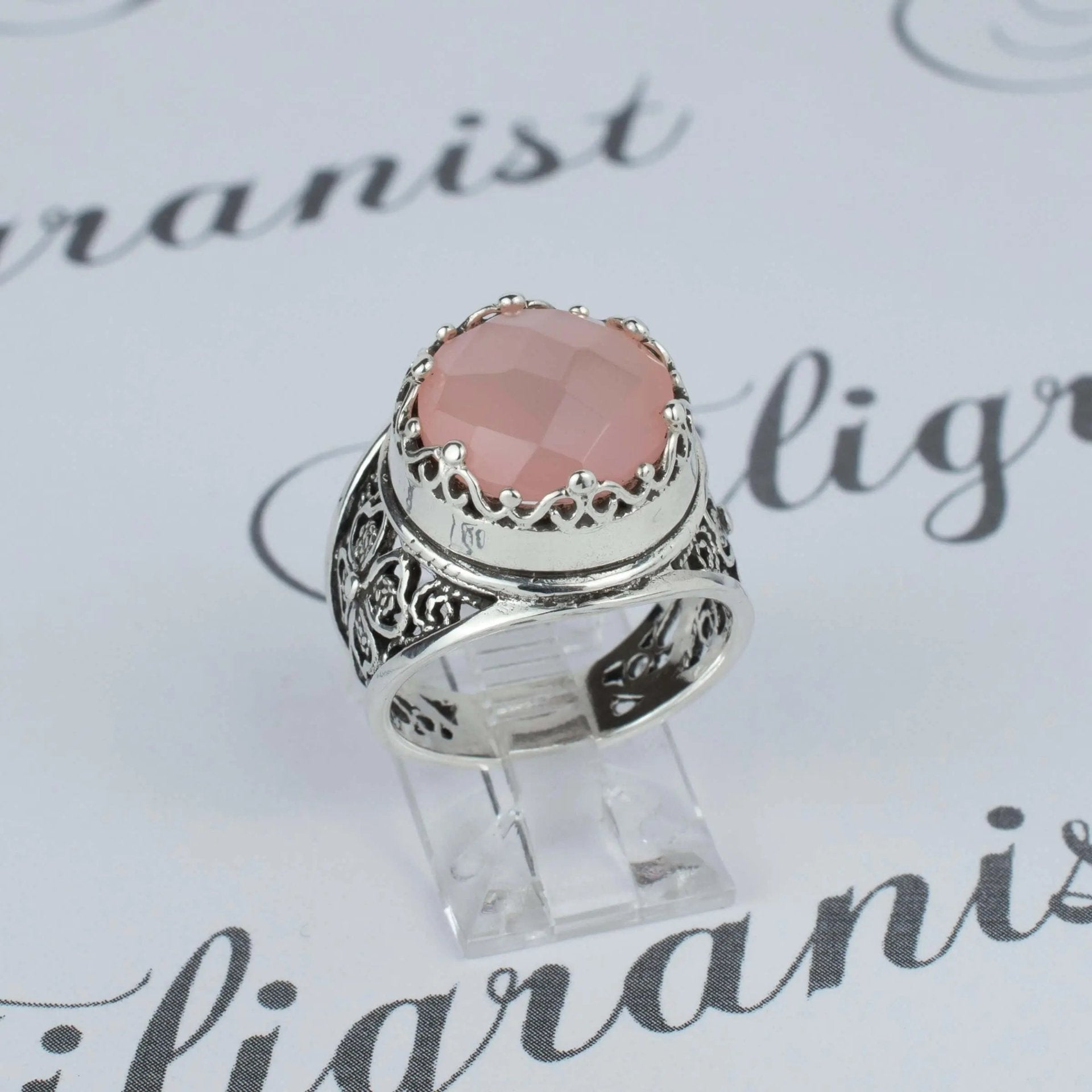 Filigree Art Pink Chalcedony Gemstone Women Crown Silver Statement Ring - Drakoi Marketplace