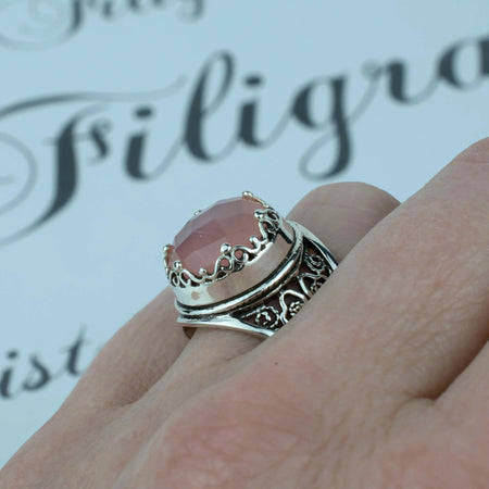 Filigree Art Pink Chalcedony Gemstone Women Crown Silver Statement Ring - Drakoi Marketplace