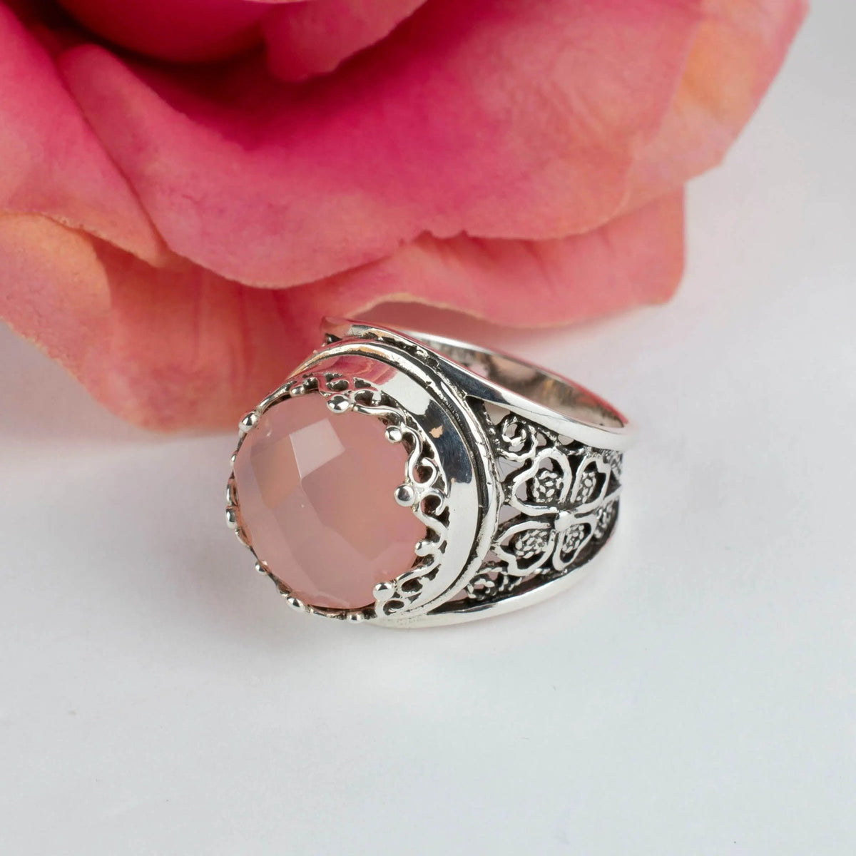 Filigree Art Pink Chalcedony Gemstone Women Crown Silver Statement Ring - Drakoi Marketplace