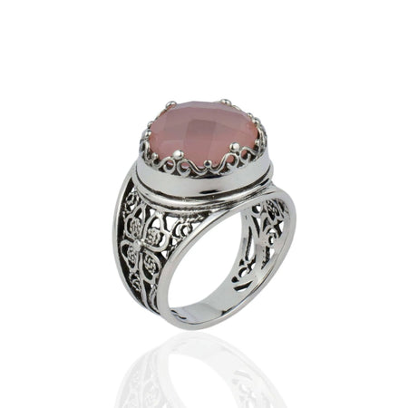 Filigree Art Pink Chalcedony Gemstone Women Crown Silver Statement Ring - Drakoi Marketplace