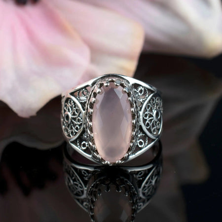 Filigree Art Pink Chalcedony Gemstone Women Oval Silver Cocktail Ring - Drakoi Marketplace