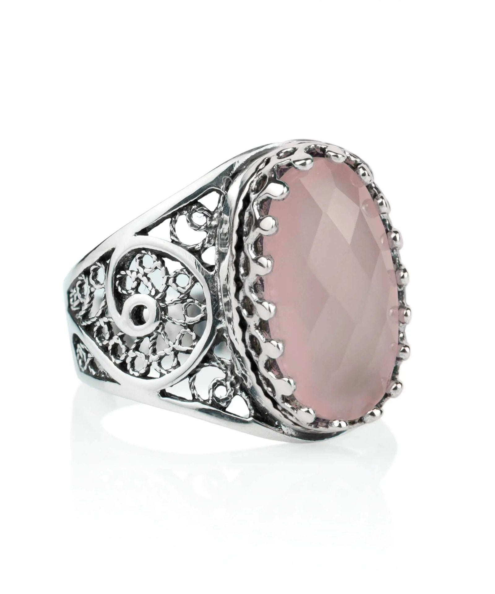 Filigree Art Pink Chalcedony Gemstone Women Oval Silver Cocktail Ring - Drakoi Marketplace