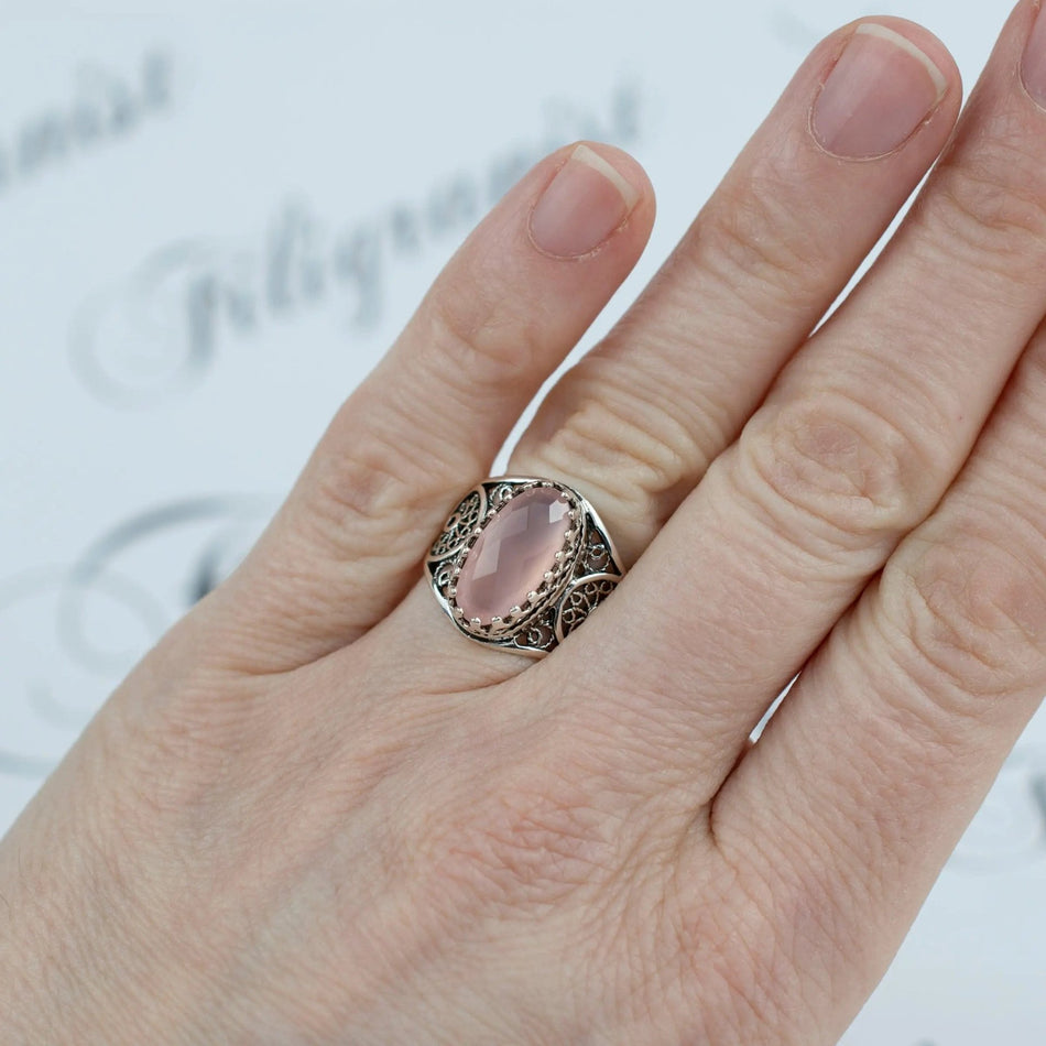 Filigree Art Pink Chalcedony Gemstone Women Oval Silver Cocktail Ring - Drakoi Marketplace