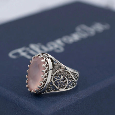 Filigree Art Pink Chalcedony Gemstone Women Oval Silver Cocktail Ring - Drakoi Marketplace