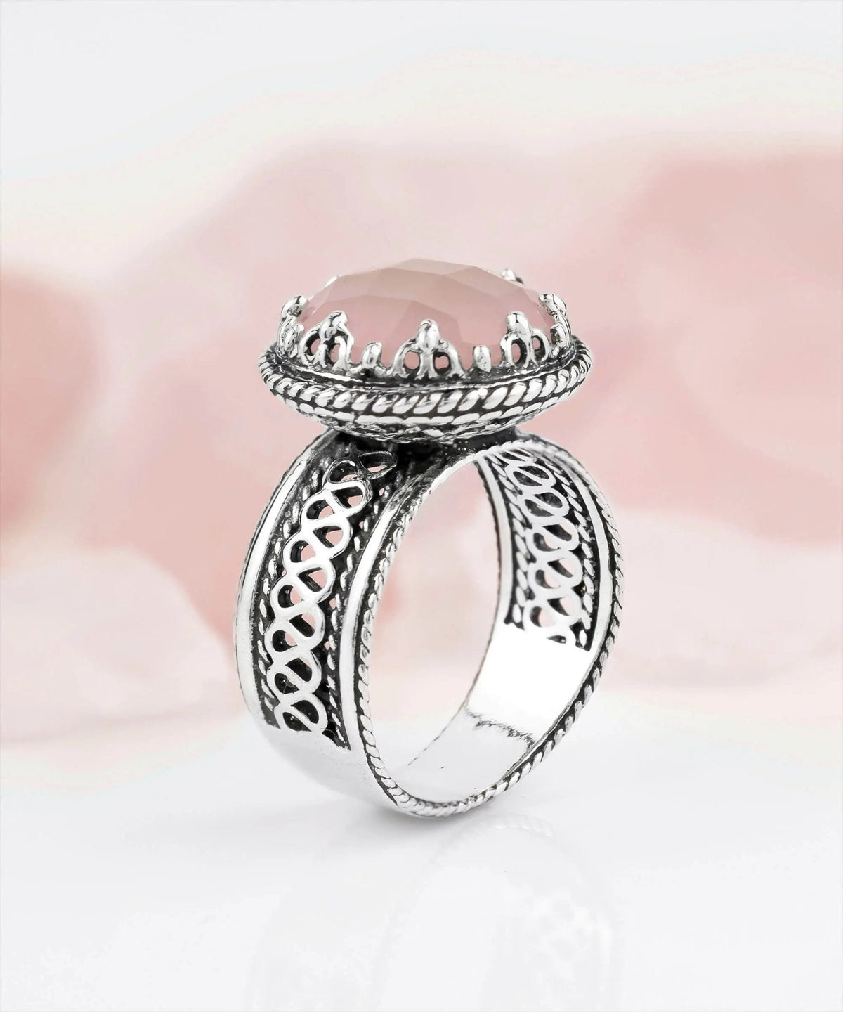 Filigree Art Pink Chalcedony Gemstone Women Silver Cocktail Ring - Drakoi Marketplace