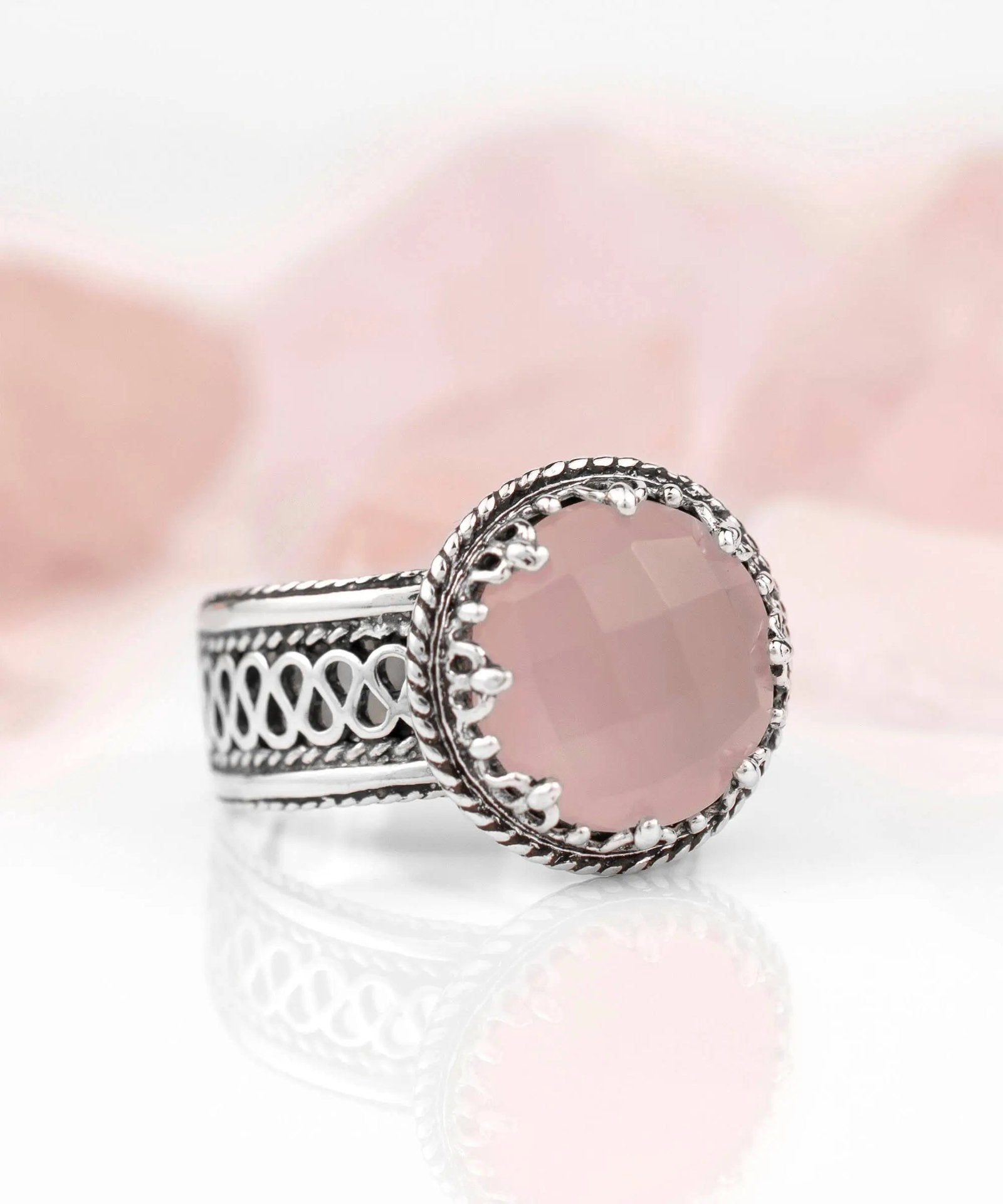 Filigree Art Pink Chalcedony Gemstone Women Silver Cocktail Ring - Drakoi Marketplace