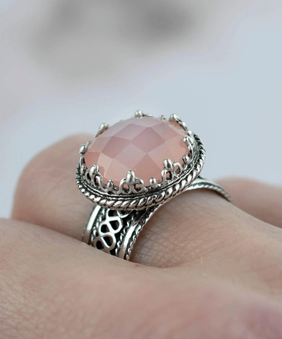 Filigree Art Pink Chalcedony Gemstone Women Silver Cocktail Ring - Drakoi Marketplace