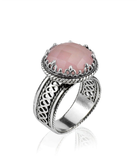 Filigree Art Pink Chalcedony Gemstone Women Silver Cocktail Ring - Drakoi Marketplace