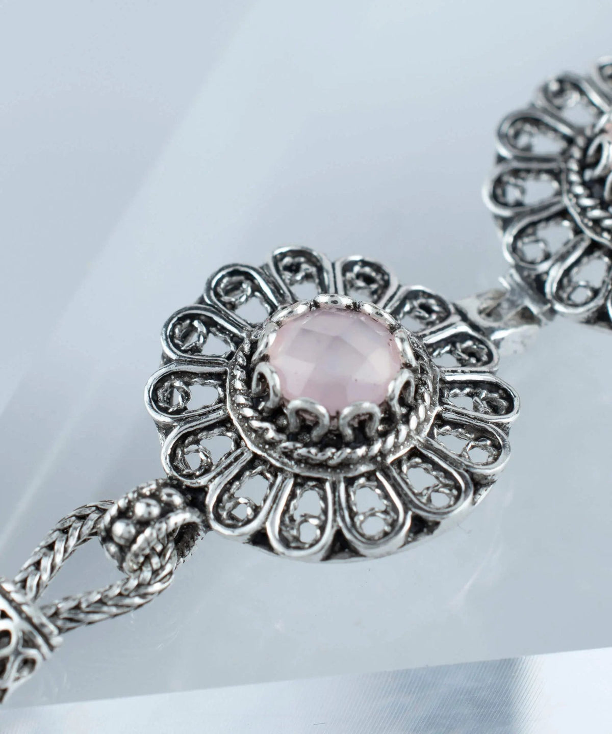 Filigree Art Pink Chalcedony Gemstone Women Silver Link Bracelet - Drakoi Marketplace