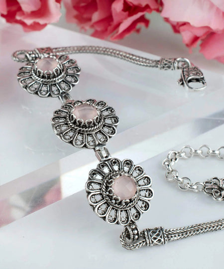 Filigree Art Pink Chalcedony Gemstone Women Silver Link Bracelet - Drakoi Marketplace