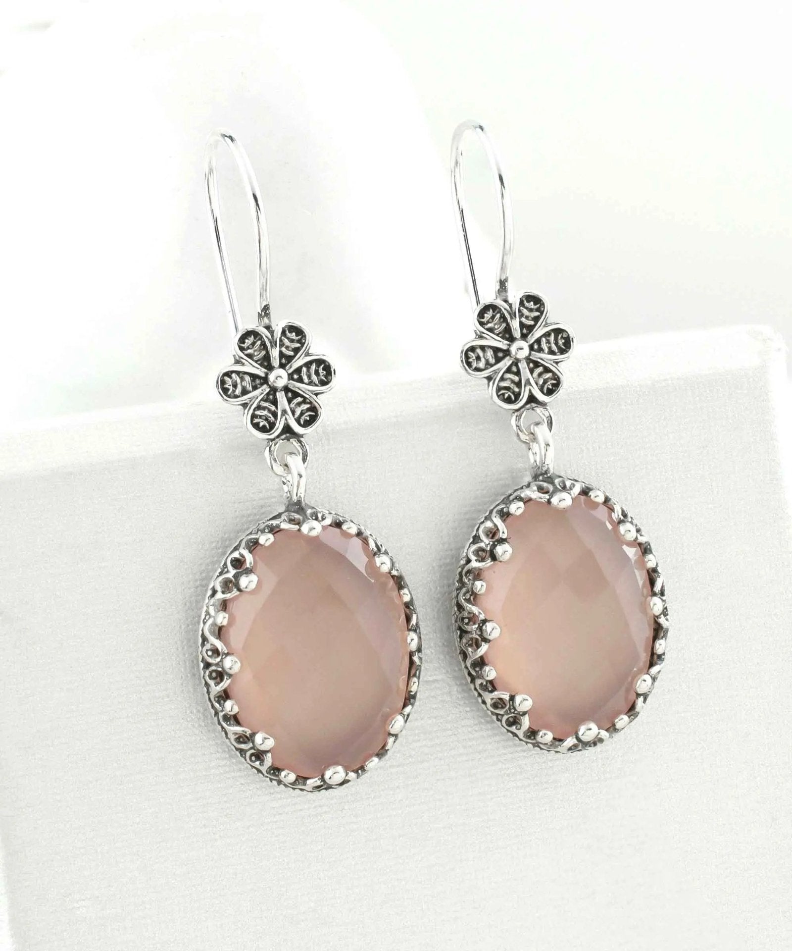 Filigree Art Pink Chalcedony Gemstone Women Silver Oval Dangle Earrings - Drakoi Marketplace