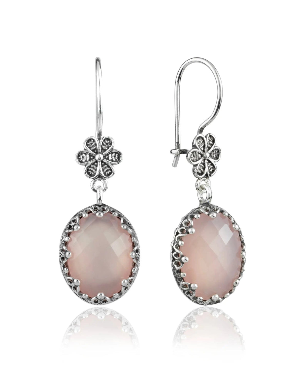 Filigree Art Pink Chalcedony Gemstone Women Silver Oval Dangle Earrings - Drakoi Marketplace