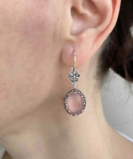 Filigree Art Pink Chalcedony Gemstone Women Silver Oval Dangle Earrings - Drakoi Marketplace