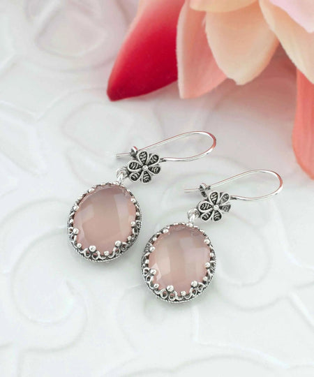 Filigree Art Pink Chalcedony Gemstone Women Silver Oval Dangle Earrings - Drakoi Marketplace