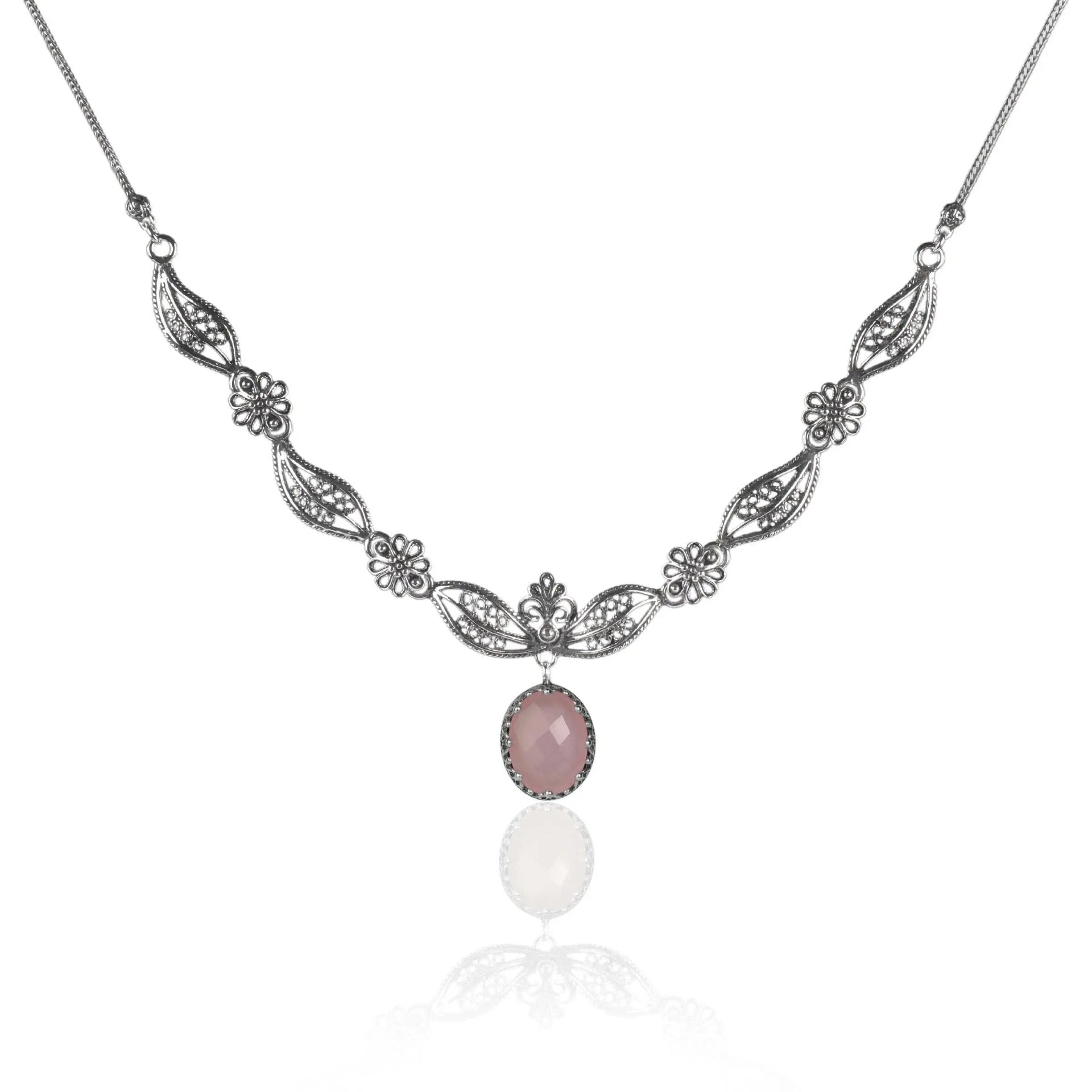 Filigree Art Pink Chalcedony Gemstone Women Silver Princess Necklace - Drakoi Marketplace