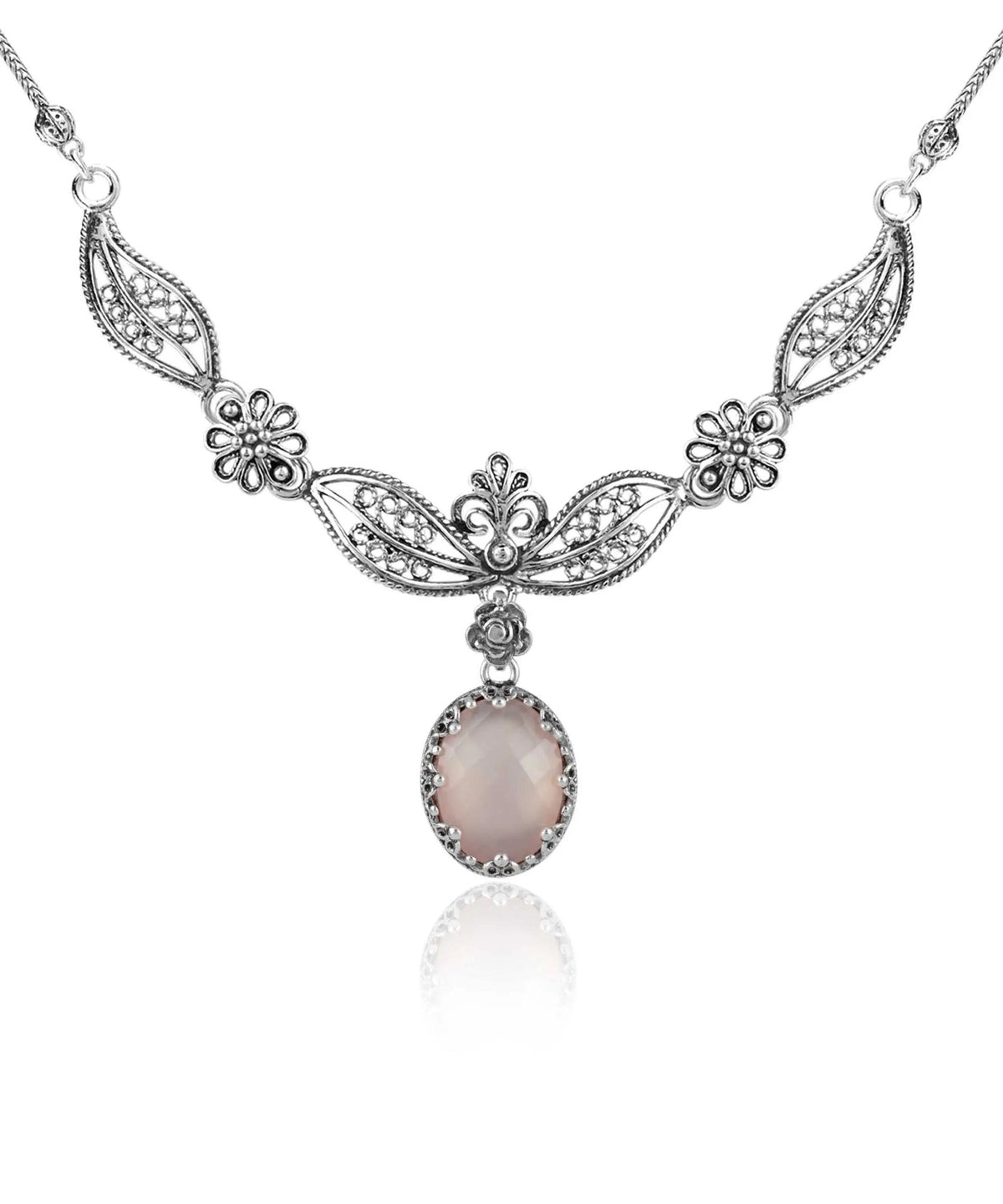 Filigree Art Pink Chalcedony Gemstone Women Silver Princess Necklace - Drakoi Marketplace