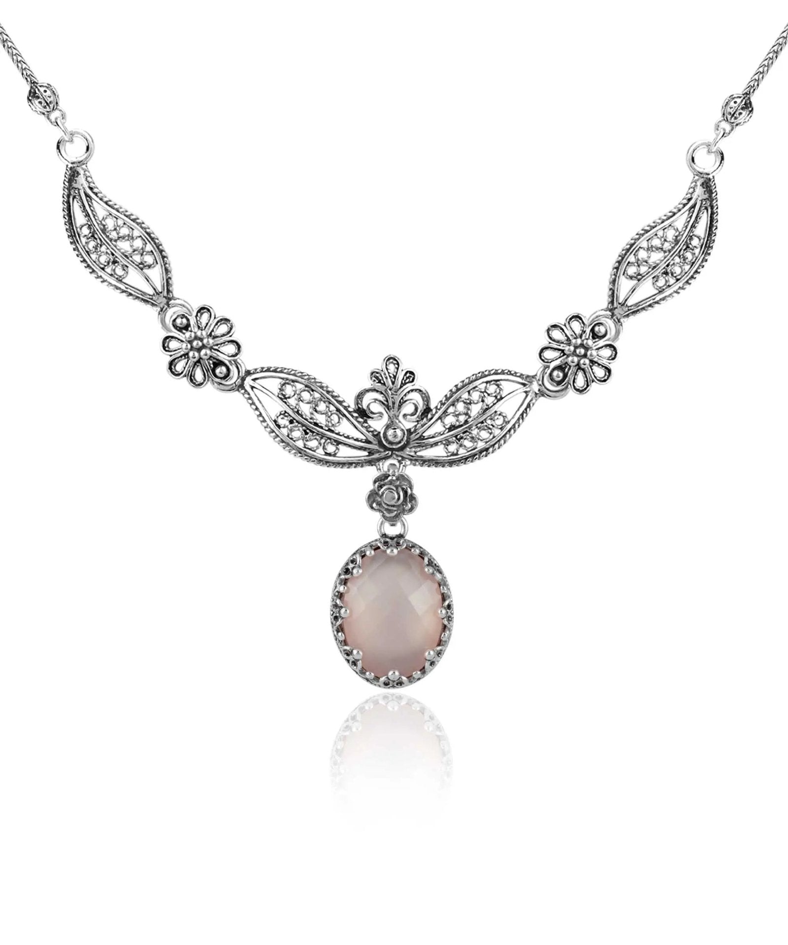 Filigree Art Pink Chalcedony Gemstone Women Silver Princess Necklace - Drakoi Marketplace